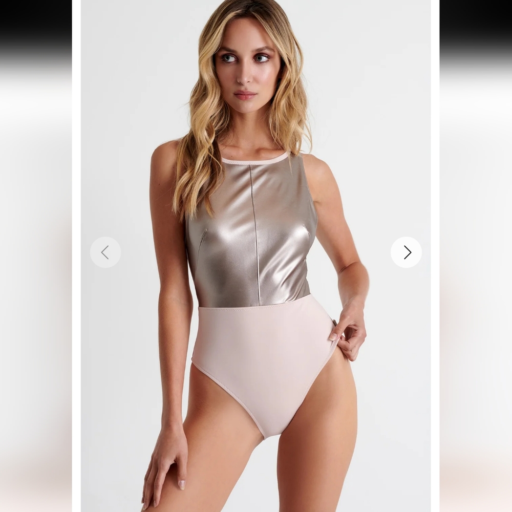 SHAN Metallic Silver and Blush High-Neck One-Piece